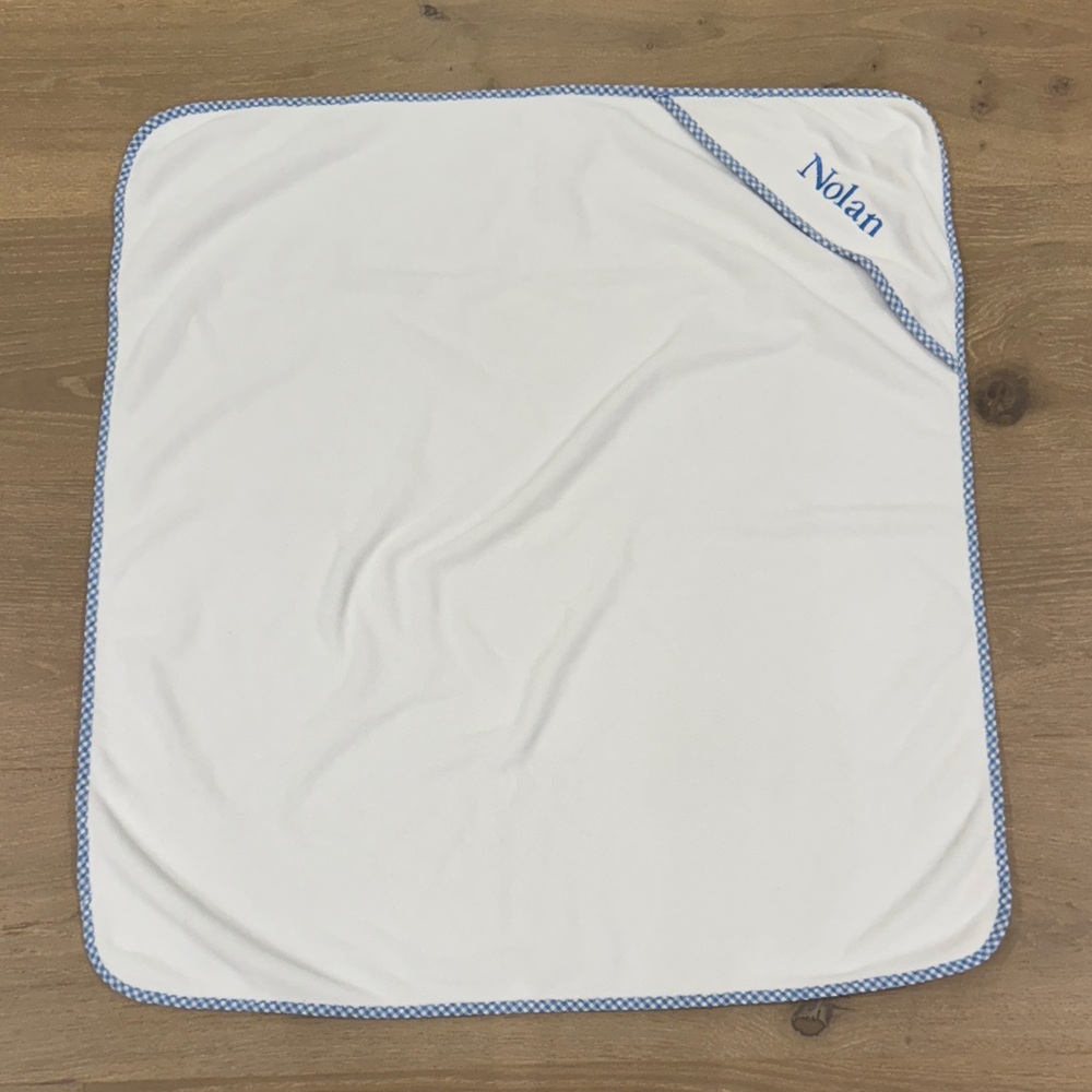 Pottery Barn Kids White Hooded Towel with Blue Gingham Trim